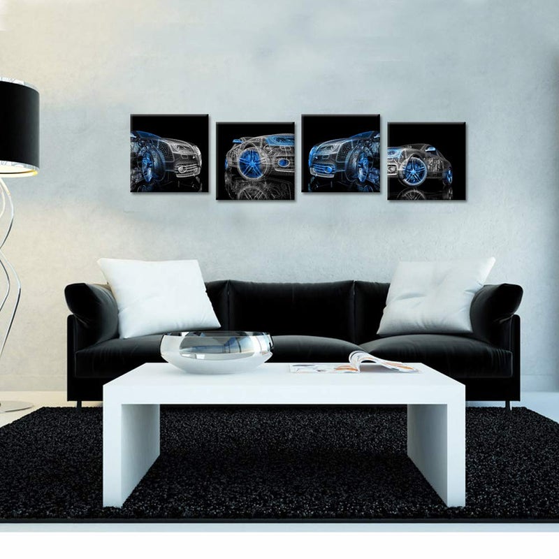 iHAPPYWALL 4 Pieces Modern Car Canvas Wall Art Black and Blue 3D Car Model Cool Picture Print for Bedroom Boys Room Home Decor Ready To Hang 12x12inchx4pcs - Image 2